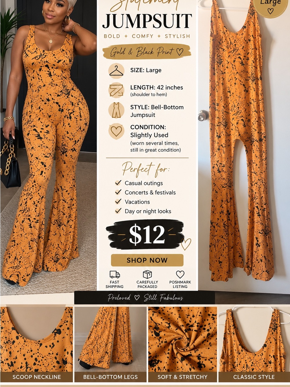 Gold & Black Print Bell-Bottom Jumpsuit - Large